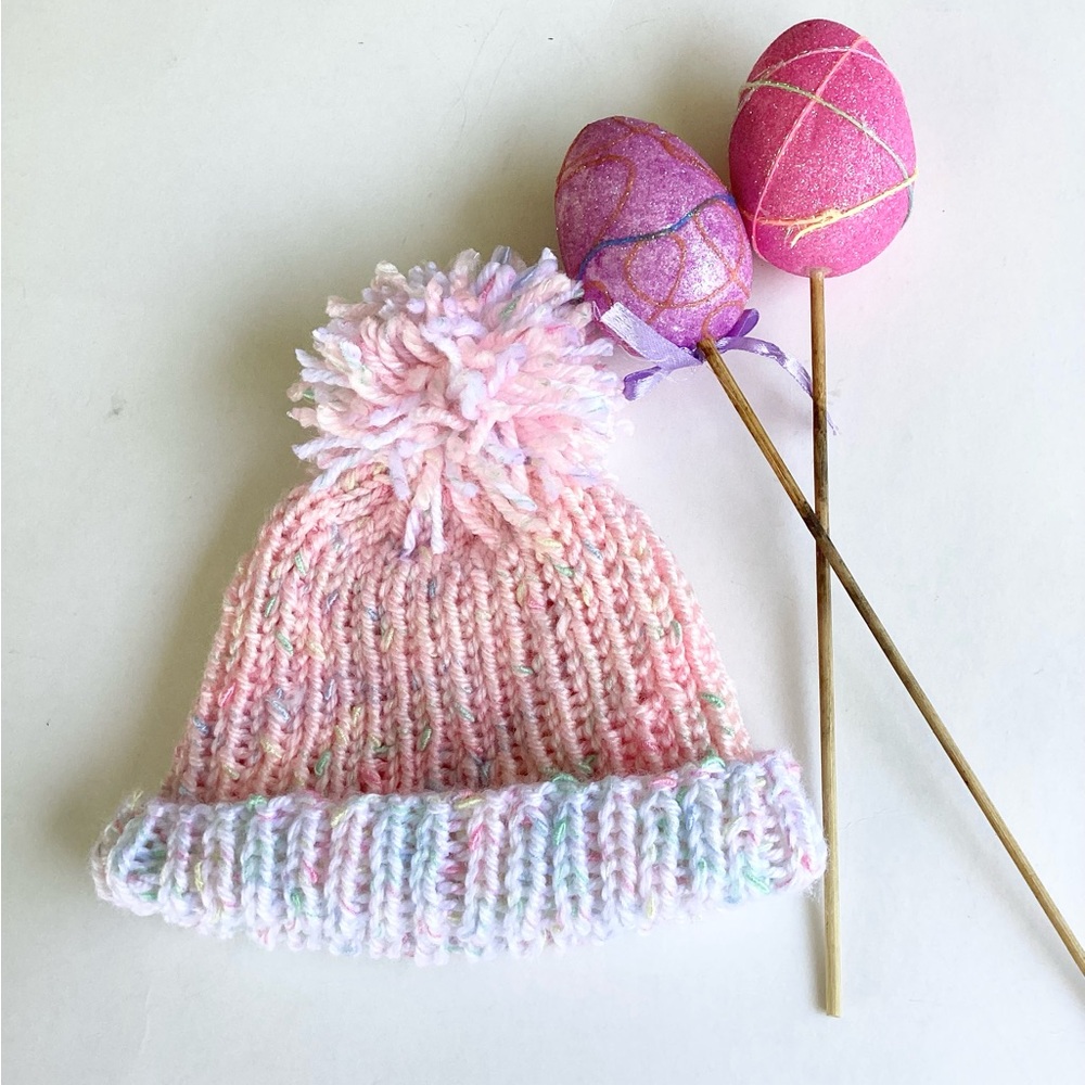 Beanie Pom Pom Hand Crafted Pastel Knit Pink White